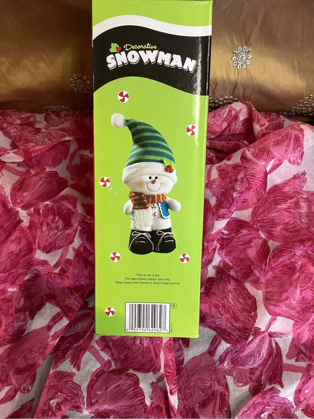 Plush Holiday Snowman with Green Striped Hat and Red-Green Scarf